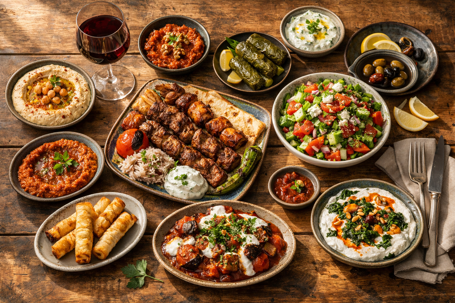 Sıcak ışıkta hazırlanmış restoran masası