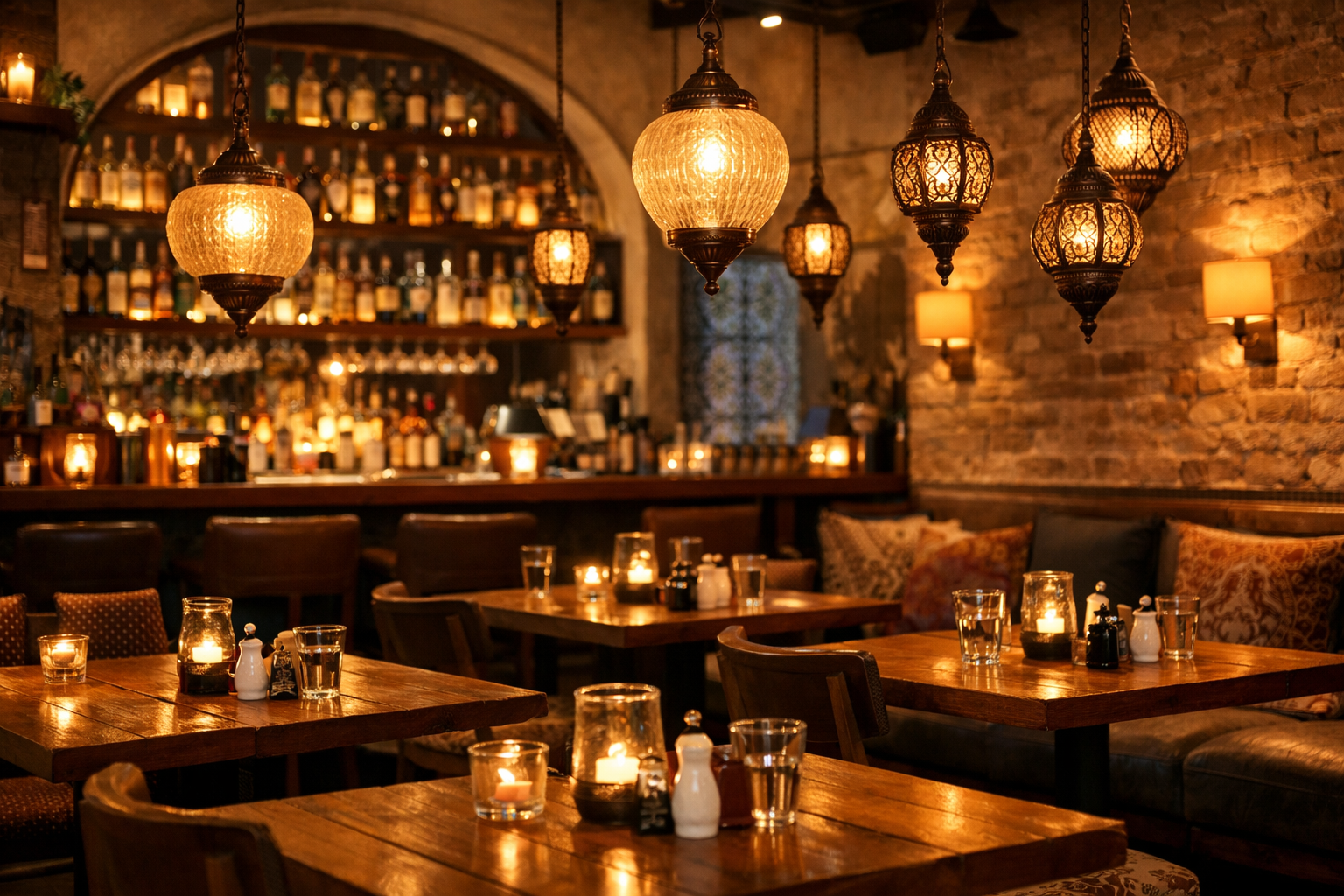 Restoran salonunda pencere ışığı ve masa düzeni